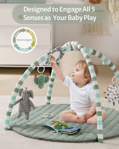 Baby Play Gym Mat, Play Mat Activity Mat with 6 Detachable Toys for Stage-Based Sensory & Motor Skill Development, Easy to Install & Clean, Baby Essentials Gift, Sage Green