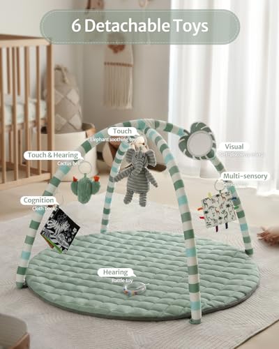 Baby Play Gym Mat, Play Mat Activity Mat with 6 Detachable Toys for Stage-Based Sensory & Motor Skill Development, Easy to Install & Clean, Baby Essentials Gift, Sage Green