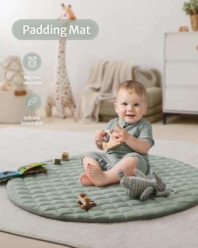 Baby Play Gym Mat, Play Mat Activity Mat with 6 Detachable Toys for Stage-Based Sensory & Motor Skill Development, Easy to Install & Clean, Baby Essentials Gift, Sage Green