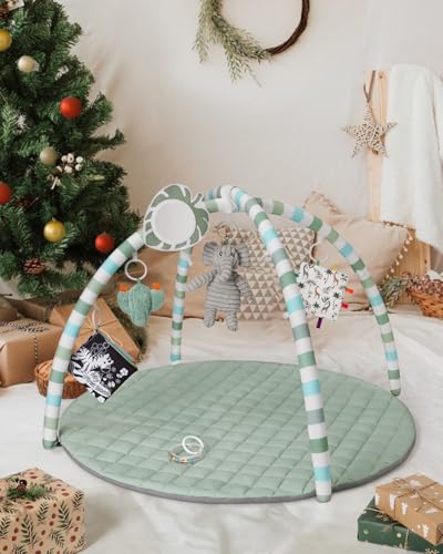 Baby Play Gym Mat, Play Mat Activity Mat with 6 Detachable Toys for Stage-Based Sensory & Motor Skill Development, Easy to Install & Clean, Baby Essentials Gift, Sage Green