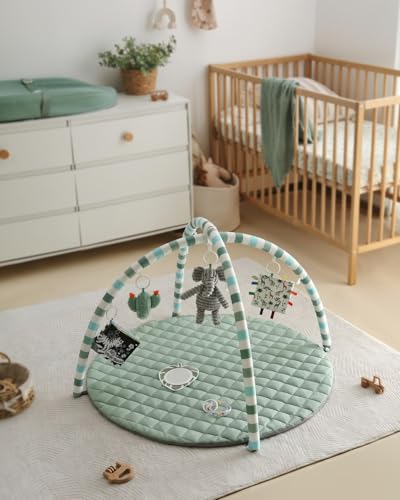 Baby Play Gym Mat, Play Mat Activity Mat with 6 Detachable Toys for Stage-Based Sensory & Motor Skill Development, Easy to Install & Clean, Baby Essentials Gift, Sage Green