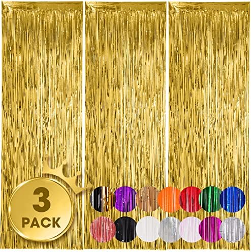 3 Pack 3.3x8.2 Feet Gold Foil Fringe Backdrop Curtains, Tinsel Streamers, Fringe Backdrop for 2025 New Years Eve, Graduation, Birthday, Baby Shower, Gender Reveal, Disco Party