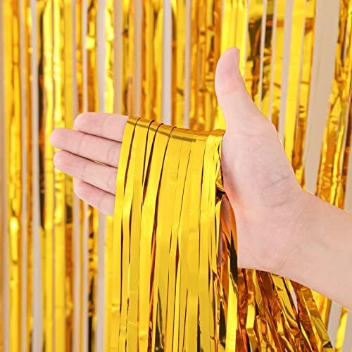 3 Pack 3.3x8.2 Feet Gold Foil Fringe Backdrop Curtains, Tinsel Streamers, Fringe Backdrop for 2025 New Years Eve, Graduation, Birthday, Baby Shower, Gender Reveal, Disco Party