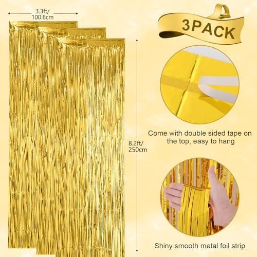 3 Pack 3.3x8.2 Feet Gold Foil Fringe Backdrop Curtains, Tinsel Streamers, Fringe Backdrop for 2025 New Years Eve, Graduation, Birthday, Baby Shower, Gender Reveal, Disco Party