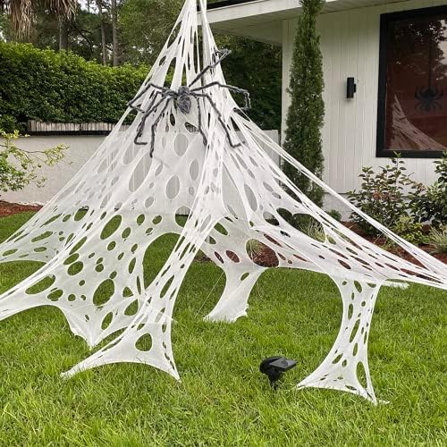 1200 Sqft （After Streched with Holes） Uncut Giant Spider Web Halloween Decorations Outdoor with 10 Ground Nails Stretchy Beef Cloth Netting Cut-Your-Own Flexible Elastic for Yard Party Decor