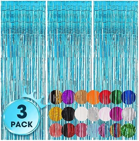 3 Pack 3.3x8.2 Feet Light Blue Foil Fringe Backdrop Curtains, Tinsel Streamers Birthday Party Decorations, Fringe Backdrop for Graduation, Baby Shower, Gender Reveal, Disco Party