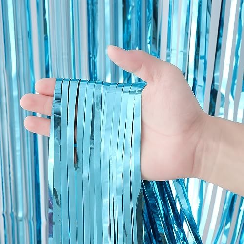 3 Pack 3.3x8.2 Feet Light Blue Foil Fringe Backdrop Curtains, Tinsel Streamers Birthday Party Decorations, Fringe Backdrop for Graduation, Baby Shower, Gender Reveal, Disco Party