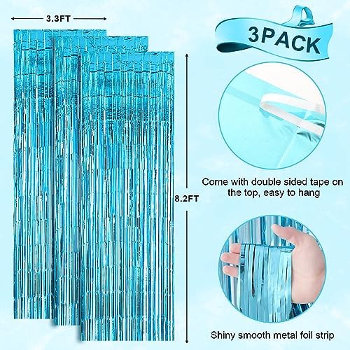 3 Pack 3.3x8.2 Feet Light Blue Foil Fringe Backdrop Curtains, Tinsel Streamers Birthday Party Decorations, Fringe Backdrop for Graduation, Baby Shower, Gender Reveal, Disco Party