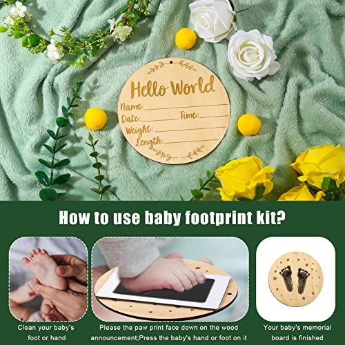 Baby Announcement Sign, 5.9 Inch Round Birth Nursery Name Signs with Ink Pad for Baby Hand and Footprints Wooden Hello World Newborn Sign for Photo Prop