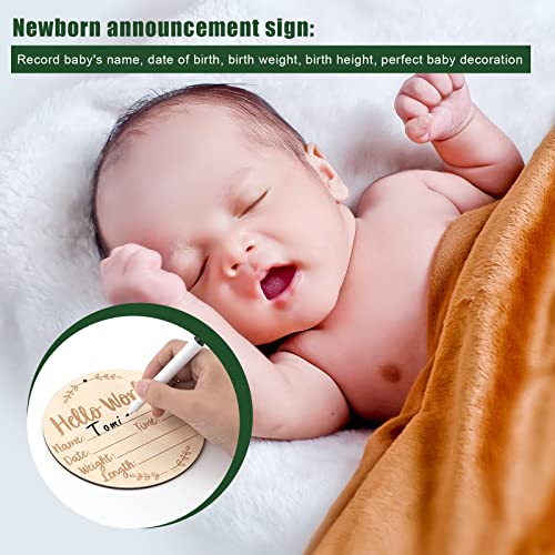Baby Announcement Sign, 5.9 Inch Round Birth Nursery Name Signs with Ink Pad for Baby Hand and Footprints Wooden Hello World Newborn Sign for Photo Prop