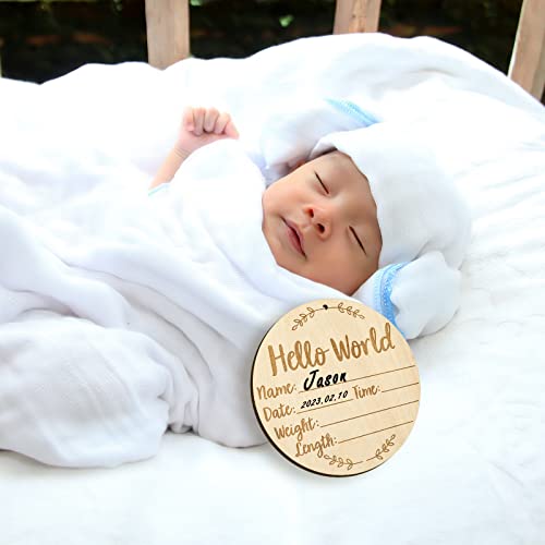 Baby Announcement Sign, 5.9 Inch Round Birth Nursery Name Signs with Ink Pad for Baby Hand and Footprints Wooden Hello World Newborn Sign for Photo Prop