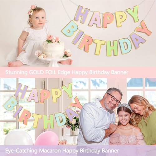 Happy Birthday Banner - 9ft Pre-Strung Happy Birthday Sign for Women, Men, Girls, Boys - No DIY Birthday Decorations & Party Supplies(Macaron)