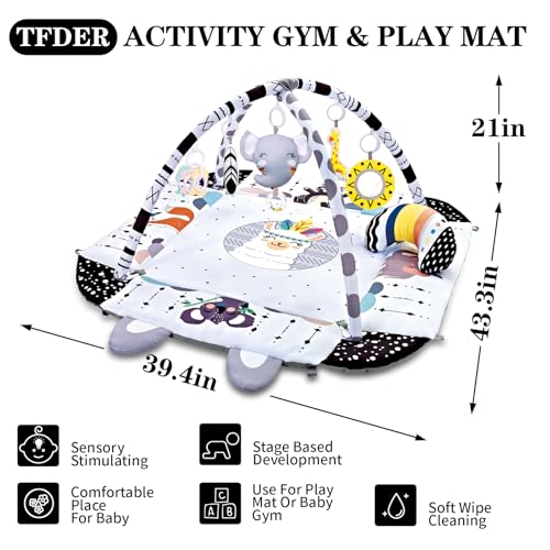 Baby Gym Play Mat, 8-in-1 Tummy Time Mat & Activity Gym, Washable Ball Pit, Infant Play Mat with Detachable Toys for Sensory Exploration and Motor Skill Development