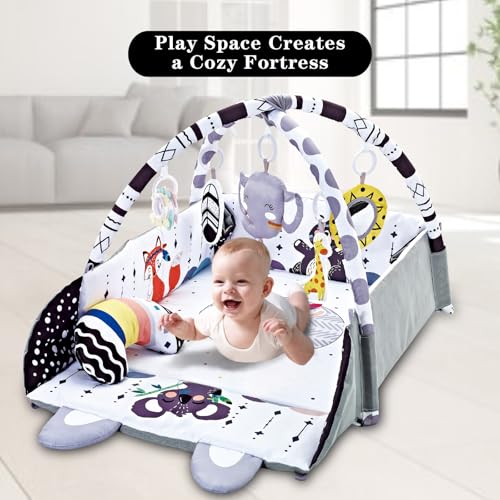 Baby Gym Play Mat, 8-in-1 Tummy Time Mat & Activity Gym, Washable Ball Pit, Infant Play Mat with Detachable Toys for Sensory Exploration and Motor Skill Development