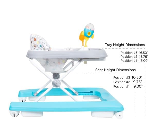 Trend Activity Walker and Entertainer with Removeable Toys, Large Tray, Cup Holder, Adjustable Height and Flat Fold Frame for Storage, Ages 6 Months +, Space Walk Navy
