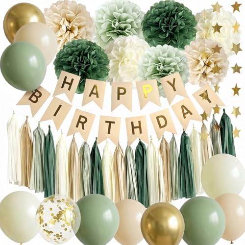 Sage Green Happy Birthday Party Decorations Retro Green Nude Ivory Dark Olive Kraft Paper Banner Balloons Neutral Rustic Boho Blush Safari Botanical Greenery Wild Décor Supplies Women Adults