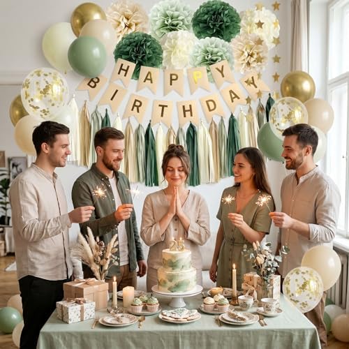 Sage Green Happy Birthday Party Decorations Retro Green Nude Ivory Dark Olive Kraft Paper Banner Balloons Neutral Rustic Boho Blush Safari Botanical Greenery Wild Décor Supplies Women Adults