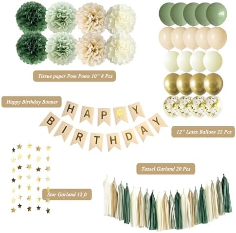 Sage Green Happy Birthday Party Decorations Retro Green Nude Ivory Dark Olive Kraft Paper Banner Balloons Neutral Rustic Boho Blush Safari Botanical Greenery Wild Décor Supplies Women Adults
