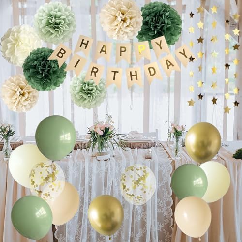 Sage Green Happy Birthday Party Decorations Retro Green Nude Ivory Dark Olive Kraft Paper Banner Balloons Neutral Rustic Boho Blush Safari Botanical Greenery Wild Décor Supplies Women Adults