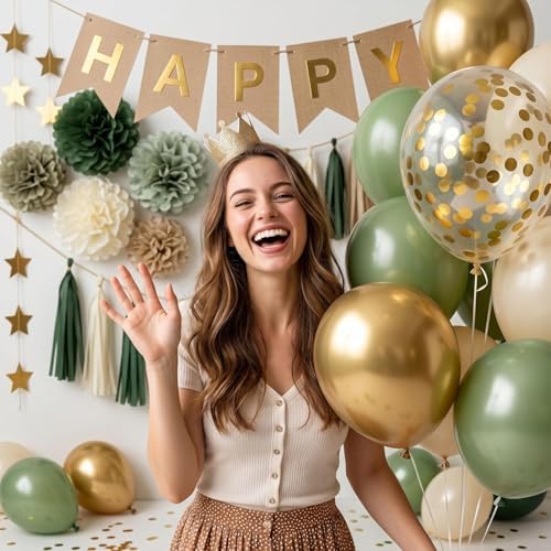 Sage Green Happy Birthday Party Decorations Retro Green Nude Ivory Dark Olive Kraft Paper Banner Balloons Neutral Rustic Boho Blush Safari Botanical Greenery Wild Décor Supplies Women Adults