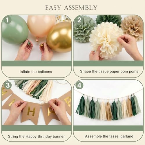 Sage Green Happy Birthday Party Decorations Retro Green Nude Ivory Dark Olive Kraft Paper Banner Balloons Neutral Rustic Boho Blush Safari Botanical Greenery Wild Décor Supplies Women Adults