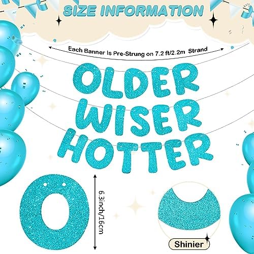 Set of 3 Pre Strung Older Wiser Hotter Glitter Banner Funny Birthday Banner for Women 30th 40th 50th 60th 70th 80th Birthday Party Decorations Sign Gift(Blue)