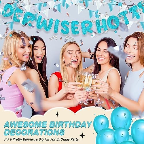 Set of 3 Pre Strung Older Wiser Hotter Glitter Banner Funny Birthday Banner for Women 30th 40th 50th 60th 70th 80th Birthday Party Decorations Sign Gift(Blue)
