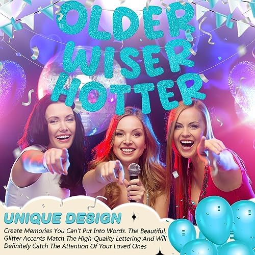 Set of 3 Pre Strung Older Wiser Hotter Glitter Banner Funny Birthday Banner for Women 30th 40th 50th 60th 70th 80th Birthday Party Decorations Sign Gift(Blue)