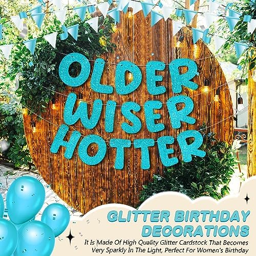 Set of 3 Pre Strung Older Wiser Hotter Glitter Banner Funny Birthday Banner for Women 30th 40th 50th 60th 70th 80th Birthday Party Decorations Sign Gift(Blue)