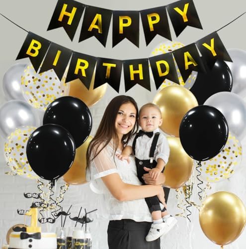 Happy Birthday Banner, Black Gold Birthday Decoration, 16 Pcs 12in Balloons with 2 Ribbons for Men Women Girls and Boys Party Decoration