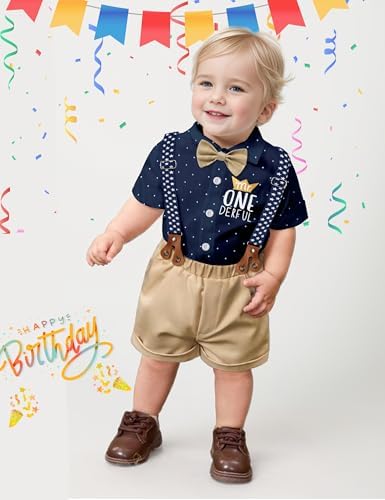 Baby Boy First Birthday Outfit Mr Onederful Bowtie Romper + Suspender Shorts+ Party Hat Cake Smash Outfits