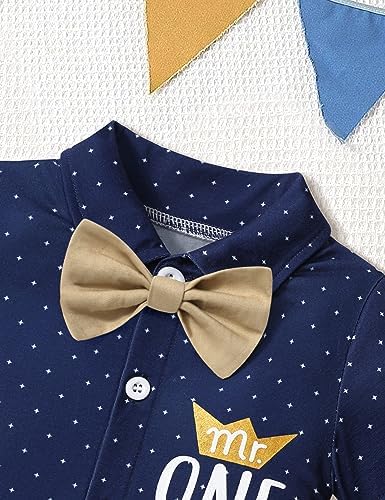 Baby Boy First Birthday Outfit Mr Onederful Bowtie Romper + Suspender Shorts+ Party Hat Cake Smash Outfits