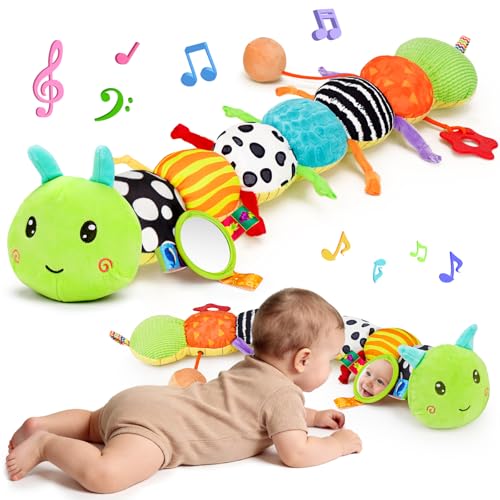 Baby Sensory Toys 0-6 Months Music Animal Stuffed Plush Caterpillar Toy for Infant 0-3-6-12 Month Old Tummy Time with Mirror Crinkle Rattle Toys for Newborn Boys Girls Shower Birthday Gifts