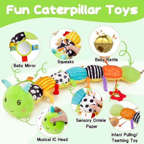 Baby Sensory Toys 0-6 Months Music Animal Stuffed Plush Caterpillar Toy for Infant 0-3-6-12 Month Old Tummy Time with Mirror Crinkle Rattle Toys for Newborn Boys Girls Shower Birthday Gifts