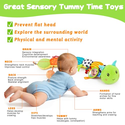 Baby Sensory Toys 0-6 Months Music Animal Stuffed Plush Caterpillar Toy for Infant 0-3-6-12 Month Old Tummy Time with Mirror Crinkle Rattle Toys for Newborn Boys Girls Shower Birthday Gifts