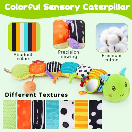 Baby Sensory Toys 0-6 Months Music Animal Stuffed Plush Caterpillar Toy for Infant 0-3-6-12 Month Old Tummy Time with Mirror Crinkle Rattle Toys for Newborn Boys Girls Shower Birthday Gifts