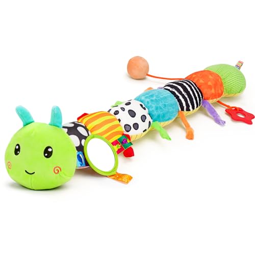 Baby Sensory Toys 0-6 Months Music Animal Stuffed Plush Caterpillar Toy for Infant 0-3-6-12 Month Old Tummy Time with Mirror Crinkle Rattle Toys for Newborn Boys Girls Shower Birthday Gifts