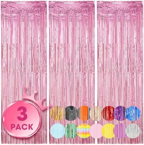 3 Pack 3.3 x 8.2 ft Light Pink Foil Fringe Backdrop Curtains, Tinsel Streamers Birthday Party Decorations, Fringe Backdrop for Graduation, Baby Shower, Gender Reveal, Disco Party