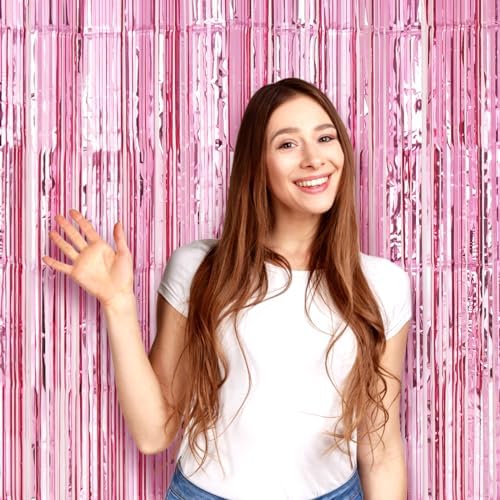3 Pack 3.3 x 8.2 ft Light Pink Foil Fringe Backdrop Curtains, Tinsel Streamers Birthday Party Decorations, Fringe Backdrop for Graduation, Baby Shower, Gender Reveal, Disco Party
