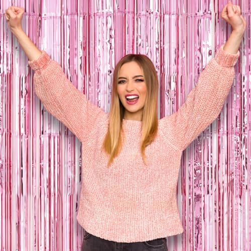 3 Pack 3.3 x 8.2 ft Light Pink Foil Fringe Backdrop Curtains, Tinsel Streamers Birthday Party Decorations, Fringe Backdrop for Graduation, Baby Shower, Gender Reveal, Disco Party