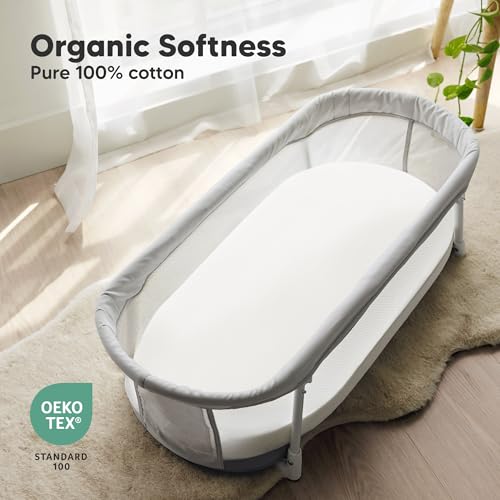 2-Pack Organic Baby Bassinet Sheets Boys, Girls - 100% Cotton Bassinet Mattress Sheets Compatible with Halo Bassinest Swivel Sleeper, Graco, Baby Delight, Universal Bassinet Fitted Sheets (Soft White)