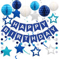 Birthday Decorations, Happy Birthday Banner with Honeycomb Balls, Stars Hanging Swirl Streamers, Circle Dots Garland, Happy Birthday Party Decorations for Women Men Boys Girls (Blue)