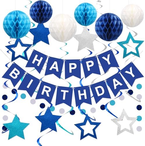 Birthday Decorations, Happy Birthday Banner with Honeycomb Balls, Stars Hanging Swirl Streamers, Circle Dots Garland, Happy Birthday Party Decorations for Women Men Boys Girls (Blue)