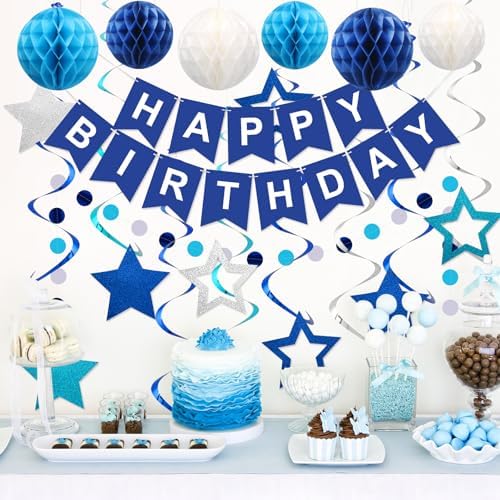 Birthday Decorations, Happy Birthday Banner with Honeycomb Balls, Stars Hanging Swirl Streamers, Circle Dots Garland, Happy Birthday Party Decorations for Women Men Boys Girls (Blue)