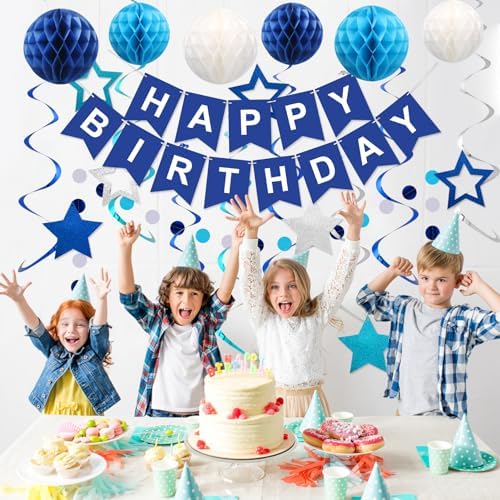 Birthday Decorations, Happy Birthday Banner with Honeycomb Balls, Stars Hanging Swirl Streamers, Circle Dots Garland, Happy Birthday Party Decorations for Women Men Boys Girls (Blue)