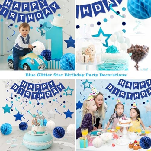 Birthday Decorations, Happy Birthday Banner with Honeycomb Balls, Stars Hanging Swirl Streamers, Circle Dots Garland, Happy Birthday Party Decorations for Women Men Boys Girls (Blue)