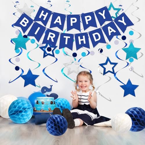 Birthday Decorations, Happy Birthday Banner with Honeycomb Balls, Stars Hanging Swirl Streamers, Circle Dots Garland, Happy Birthday Party Decorations for Women Men Boys Girls (Blue)