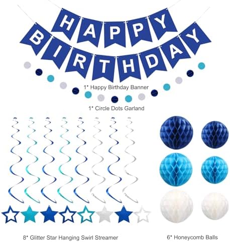 Birthday Decorations, Happy Birthday Banner with Honeycomb Balls, Stars Hanging Swirl Streamers, Circle Dots Garland, Happy Birthday Party Decorations for Women Men Boys Girls (Blue)