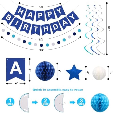 Birthday Decorations, Happy Birthday Banner with Honeycomb Balls, Stars Hanging Swirl Streamers, Circle Dots Garland, Happy Birthday Party Decorations for Women Men Boys Girls (Blue)