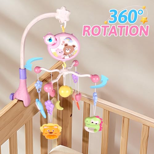 Crib Mobile with Music and Lights, Baby Mobiles for Cribs, Nursery Musical Mobile for Bassinets Toys Hanging Girls Boys, Pack and Play Space Portable Animal Mobile Hanger Arm Clip On Attachment